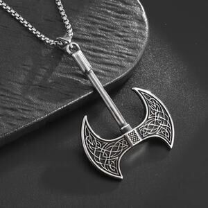Men's Viking Axe Pendant Necklace Silver Tone Celtic Knot Double Blade Norse